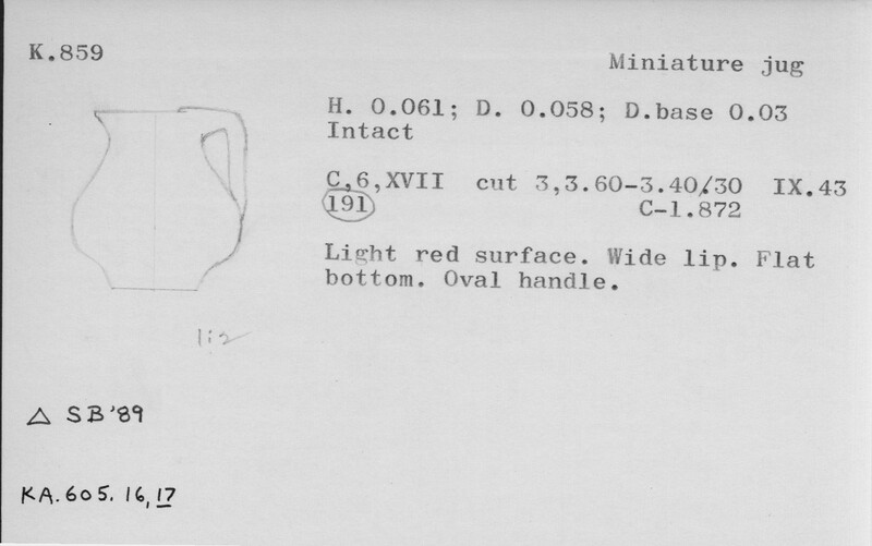 Index card with typed and handwritten information, sometimes including a sketch, of pottery from an excavation.