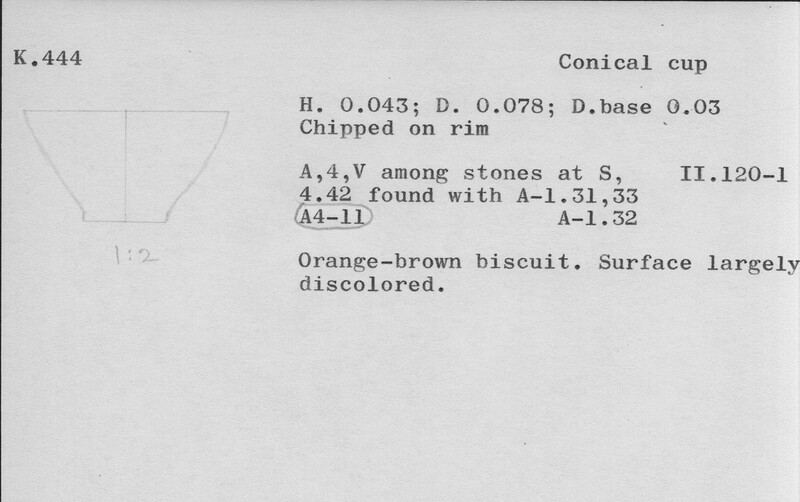 Index card with typed and handwritten information, sometimes including a sketch, of pottery from an excavation.