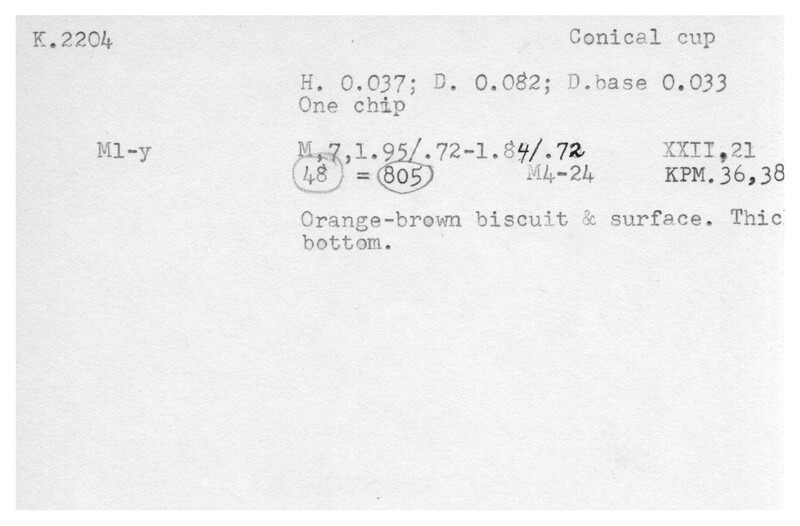 Index card with typed and handwritten information, sometimes including a sketch, of pottery from an excavation.