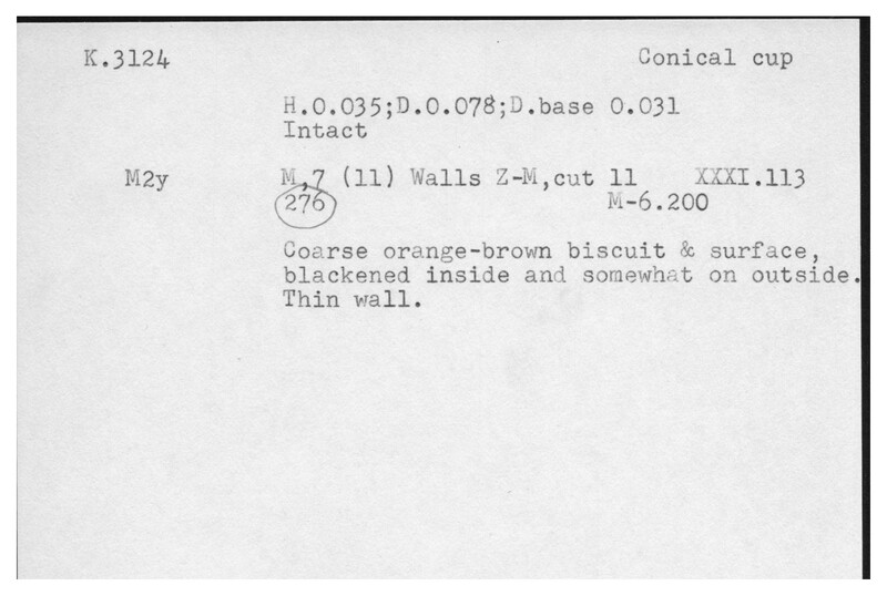 Index card with typed and handwritten information, sometimes including a sketch, of pottery from an excavation.