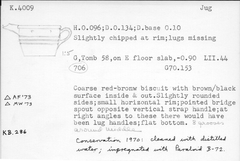 Index card with typed and handwritten information, sometimes including a sketch, of pottery from an excavation.