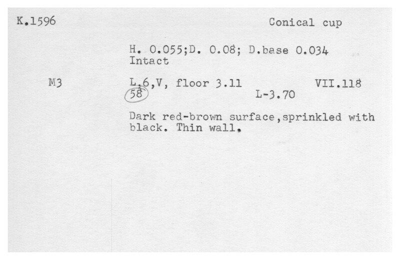 Index card with typed and handwritten information, sometimes including a sketch, of pottery from an excavation.