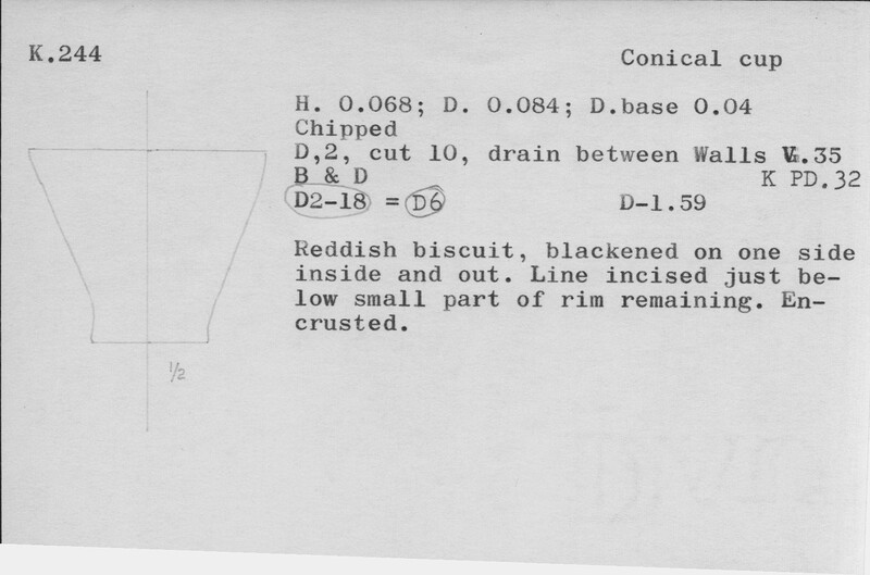 Index card with typed and handwritten information, sometimes including a sketch, of pottery from an excavation.