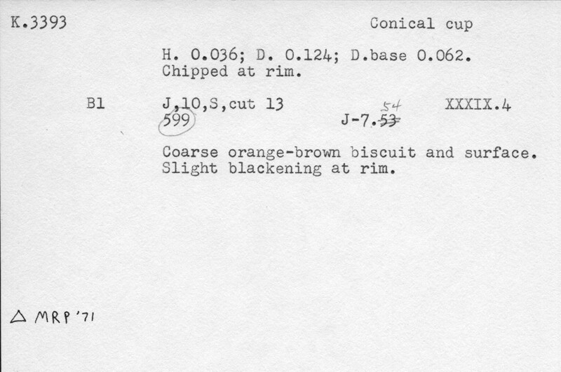 Index card with typed and handwritten information, sometimes including a sketch, of pottery from an excavation.