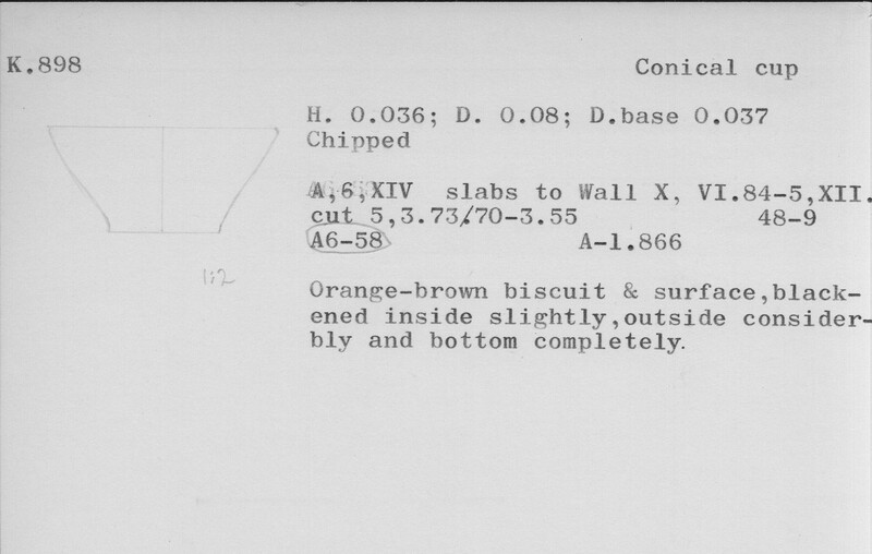 Index card with typed and handwritten information, sometimes including a sketch, of pottery from an excavation.