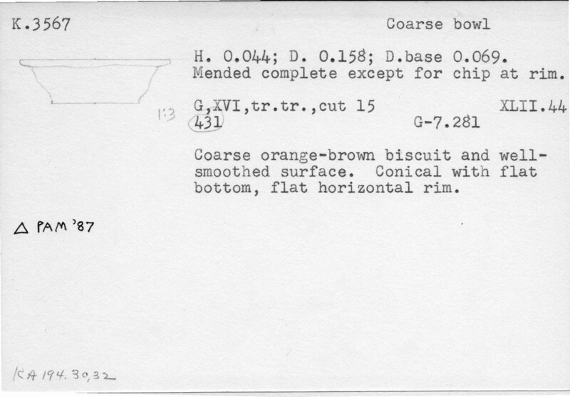 Index card with typed and handwritten information, sometimes including a sketch, of pottery from an excavation.