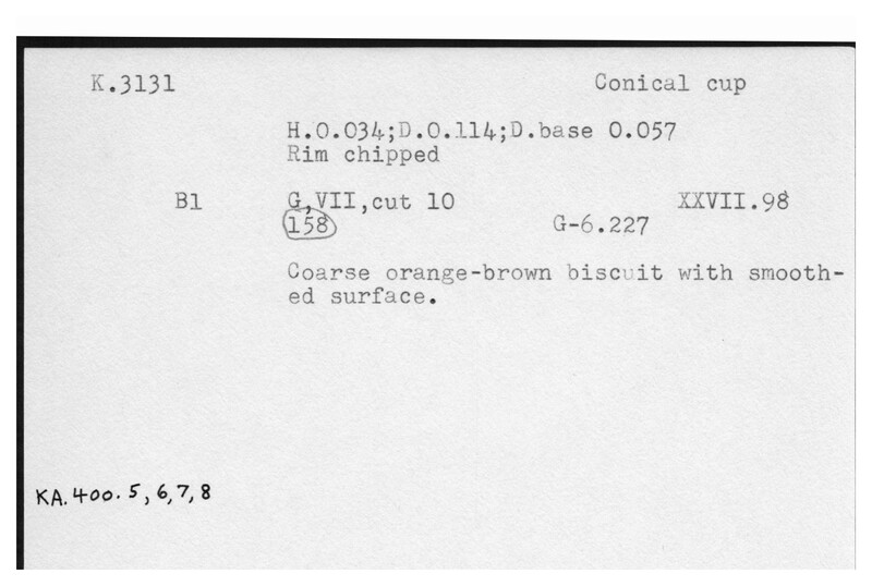 Index card with typed and handwritten information, sometimes including a sketch, of pottery from an excavation.