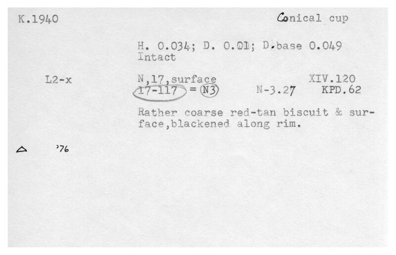 Index card with typed and handwritten information, sometimes including a sketch, of pottery from an excavation.
