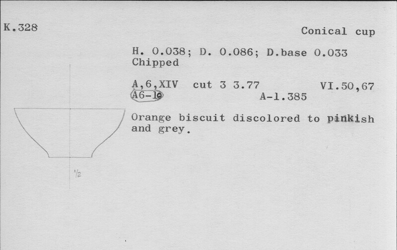 Index card with typed and handwritten information, sometimes including a sketch, of pottery from an excavation.