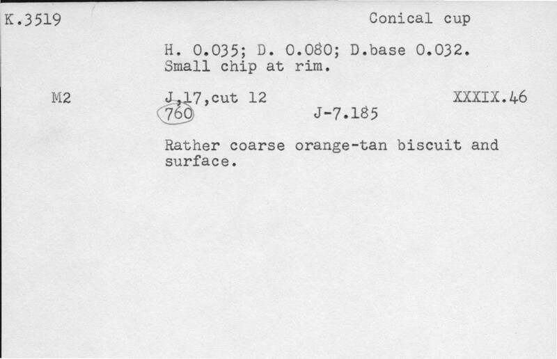 Index card with typed and handwritten information, sometimes including a sketch, of pottery from an excavation.