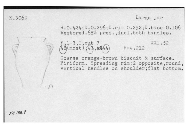 Index card with typed and handwritten information, sometimes including a sketch, of pottery from an excavation.