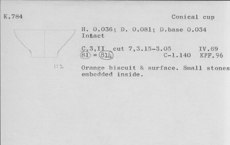 Index card with typed and handwritten information, sometimes including a sketch, of pottery from an excavation.