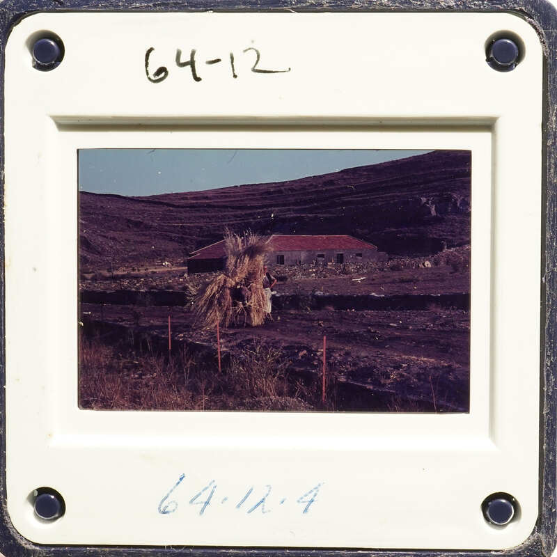 A photograph showing a rural landscape with buildings and vegetation, framed by an old slide mount.