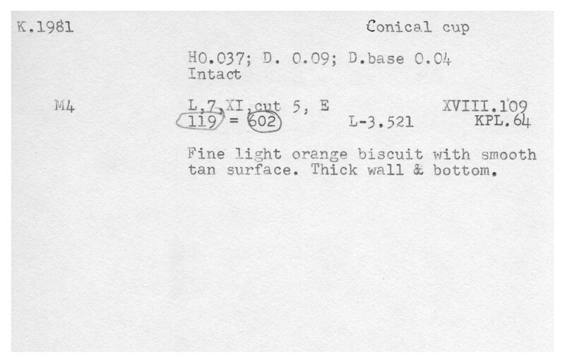 Index card with typed and handwritten information, sometimes including a sketch, of pottery from an excavation.