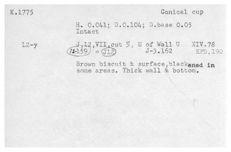 Index card with typed and handwritten information, sometimes including a sketch, of pottery from an excavation.