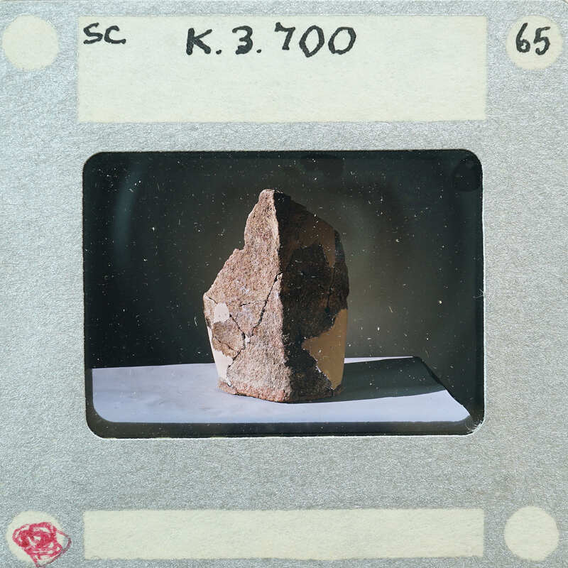 A photograph of a rock with an aged appearance, displayed on a stand.
