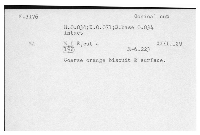 Index card with typed and handwritten information, sometimes including a sketch, of pottery from an excavation.