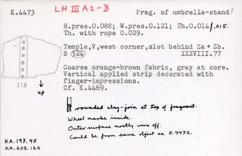 Index card with typed and handwritten information, sometimes including a sketch, of pottery from an excavation.