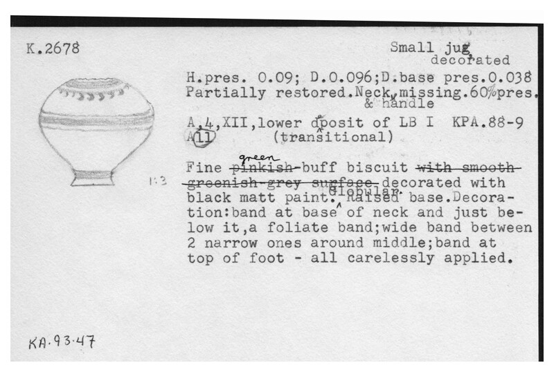 Index card with typed and handwritten information, sometimes including a sketch, of pottery from an excavation.