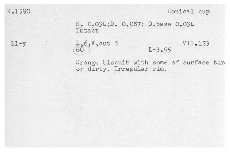 Index card with typed and handwritten information, sometimes including a sketch, of pottery from an excavation.