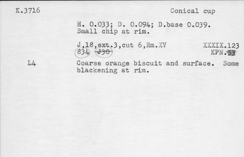 Index card with typed and handwritten information, sometimes including a sketch, of pottery from an excavation.