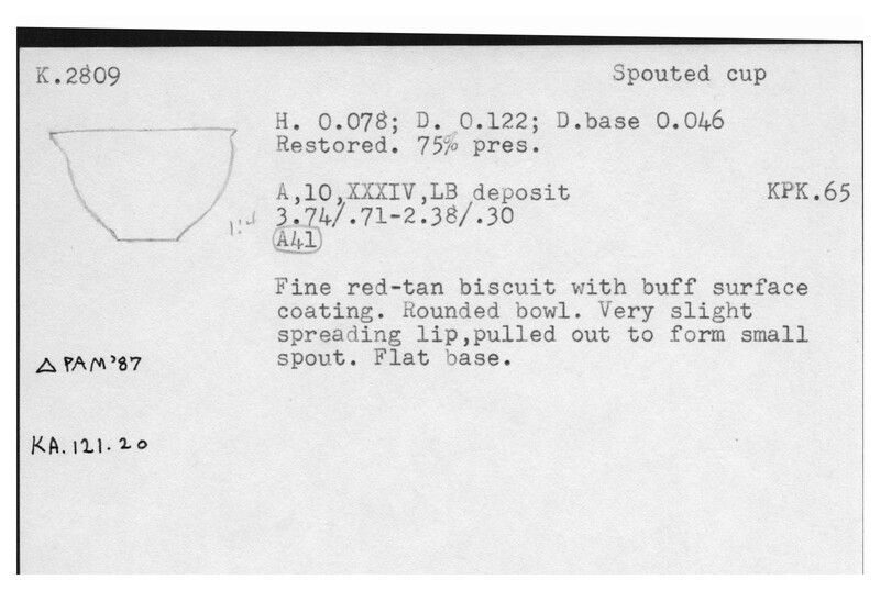 Index card with typed and handwritten information, sometimes including a sketch, of pottery from an excavation.