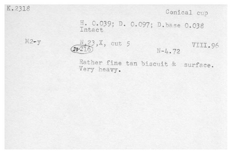 Index card with typed and handwritten information, sometimes including a sketch, of pottery from an excavation.