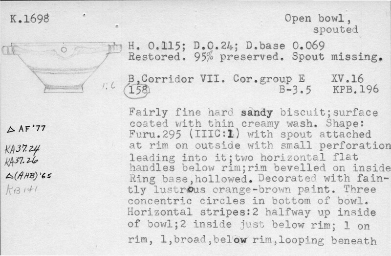 Index card with typed and handwritten information, sometimes including a sketch, of pottery from an excavation.