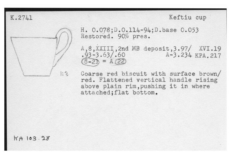 Index card with typed and handwritten information, sometimes including a sketch, of pottery from an excavation.