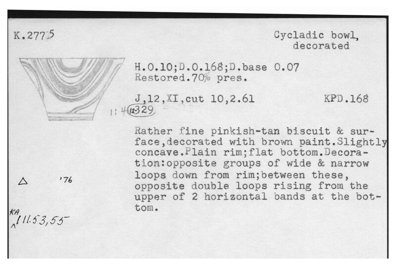 Index card with typed and handwritten information, sometimes including a sketch, of pottery from an excavation.