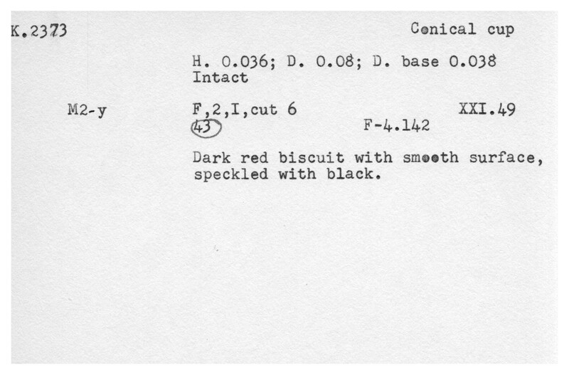 Index card with typed and handwritten information, sometimes including a sketch, of pottery from an excavation.