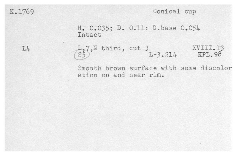 Index card with typed and handwritten information, sometimes including a sketch, of pottery from an excavation.