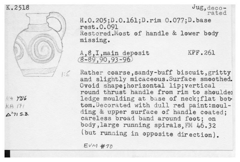 Index card with typed and handwritten information, sometimes including a sketch, of pottery from an excavation.
