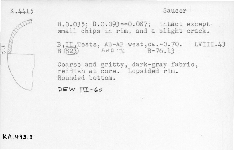 Index card with typed and handwritten information, sometimes including a sketch, of pottery from an excavation.