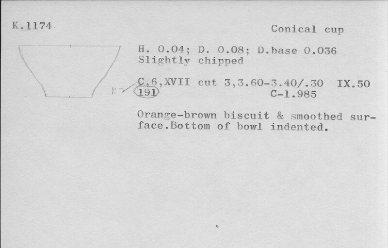 Index card with typed and handwritten information, sometimes including a sketch, of pottery from an excavation.