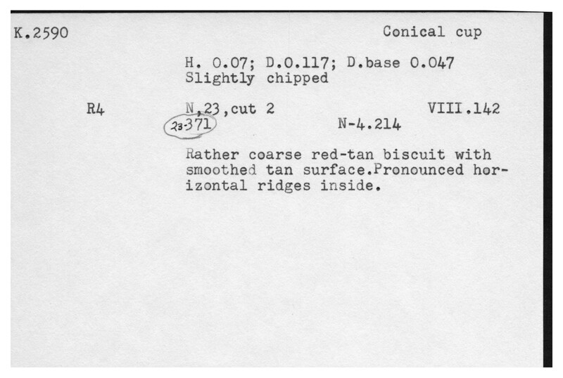 Index card with typed and handwritten information, sometimes including a sketch, of pottery from an excavation.