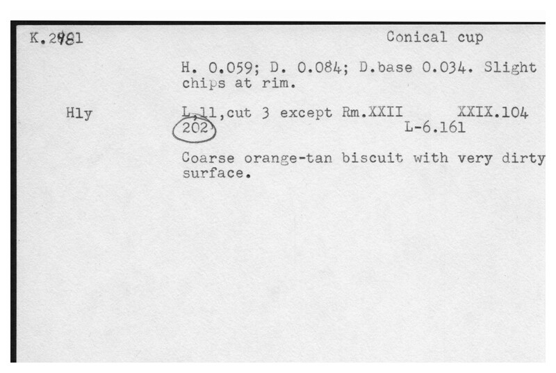 Index card with typed and handwritten information, sometimes including a sketch, of pottery from an excavation.