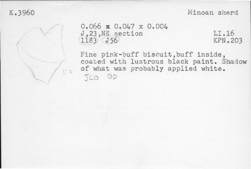 Index card with typed and handwritten information, sometimes including a sketch, of pottery from an excavation.