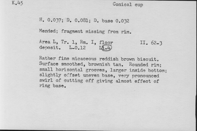 Index card with typed and handwritten information, sometimes including a sketch, of pottery from an excavation.