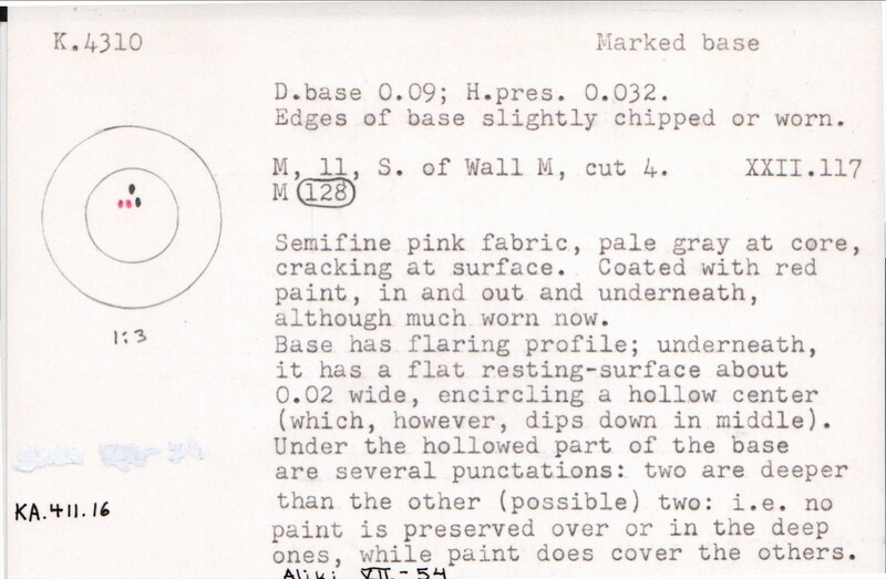 Index card with typed and handwritten information, sometimes including a sketch, of pottery from an excavation.