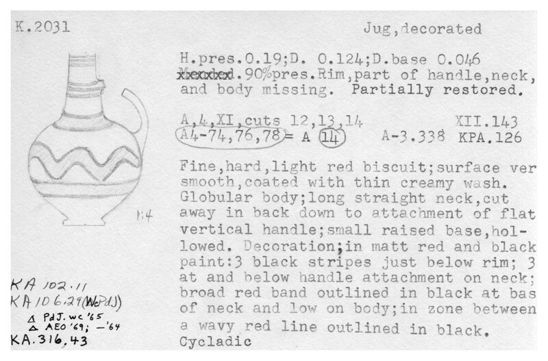 Index card with typed and handwritten information, sometimes including a sketch, of pottery from an excavation.