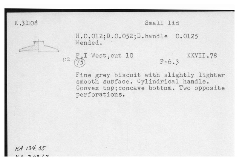 Index card with typed and handwritten information, sometimes including a sketch, of pottery from an excavation.