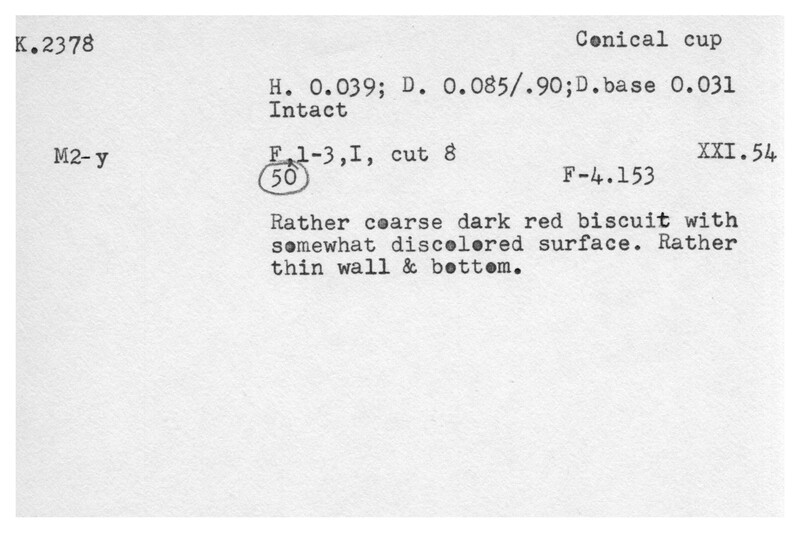 Index card with typed and handwritten information, sometimes including a sketch, of pottery from an excavation.