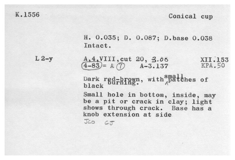 Index card with typed and handwritten information, sometimes including a sketch, of pottery from an excavation.