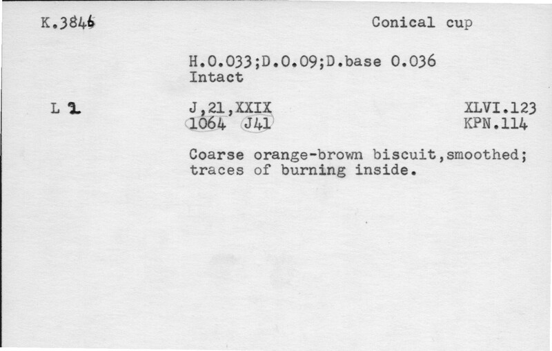 Index card with typed and handwritten information, sometimes including a sketch, of pottery from an excavation.
