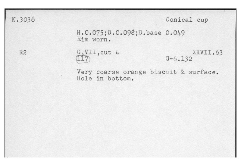 Index card with typed and handwritten information, sometimes including a sketch, of pottery from an excavation.