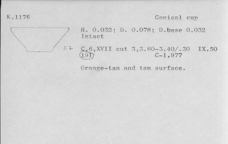 Index card with typed and handwritten information, sometimes including a sketch, of pottery from an excavation.
