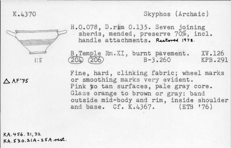 Index card with typed and handwritten information, sometimes including a sketch, of pottery from an excavation.