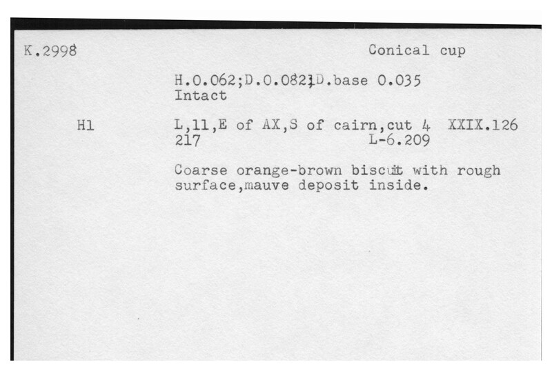 Index card with typed and handwritten information, sometimes including a sketch, of pottery from an excavation.