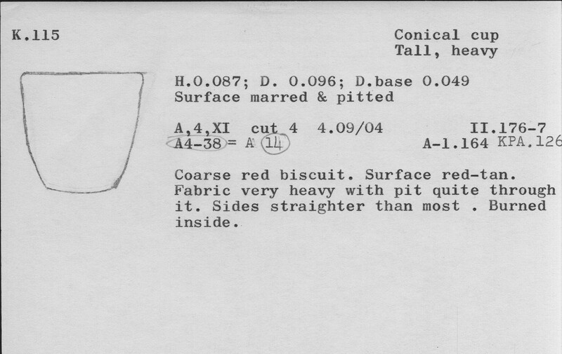 Index card with typed and handwritten information, sometimes including a sketch, of pottery from an excavation.